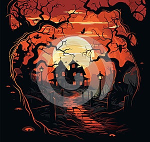 vector scary haunted house with full moon. Halloween castle background. creepy river around castle vector illustration