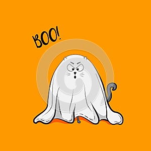 Vector scary playful cat ghost illustration. Halloween 2018 greeting card. October autumn holiday spooky animal cute
