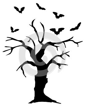 Vector scary tree with bats. Halloween tree. Spooky tree with bats.