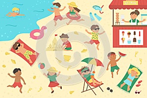 Vector scene with children playing on the beach and doing summer activities. Cute girls and boys swimming, playing ball,