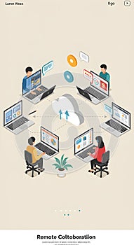 Remote teamwork collaboration in modern isometric workspace with laptops and communication tools AI-generated