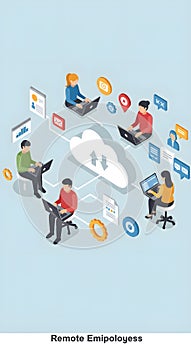 Remote teamwork collaboration in modern isometric workspace with laptops and communication tools AI-generated