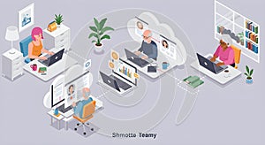 Remote teamwork collaboration in modern isometric workspace with laptops and communication tools AI-generated