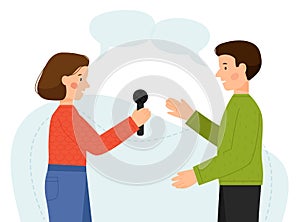 Vector scene of man and woman interview. A guy and a girl talking. Man giving interviews to a journalist.