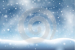 Vector scene with snow on the ground and snowflakes falling from the sky in a blizzard - christmas background, winter season