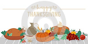 Vector scene with traditional Thanksgiving or Christmas desserts and dishes on a table. Autumn holiday festive meal illustration.