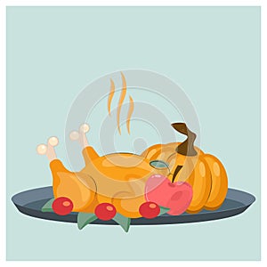 Vector scene with traditional Thanksgiving or Christmas food on a tray. Holiday food illustration with place for text