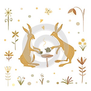 Vector scene with two cute rabbits drinking tea in the forest. The life of fairy bunnies. Hare isolated on a white