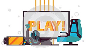 Vector scene with word play on computer monitor, video games accessories like player chair, gaming mouse, gamepad, joystick on whi