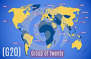 Vector schematic map. Member countries in the G20