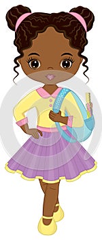 Vector School African American Girl with Rucksack