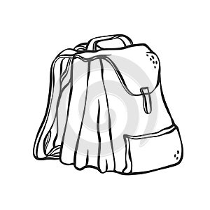 Vector school backpack. Sketch contour doodle black white illustration.