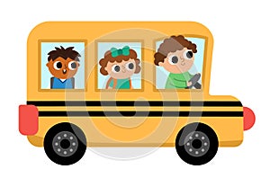 Vector school bus with driver and passengers. Back to school educational clipart. Flat public transport car. Transportation icon