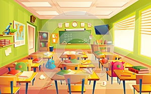 Vector school classroom interior, math training room. Educational concept, blackboard, table college furniture