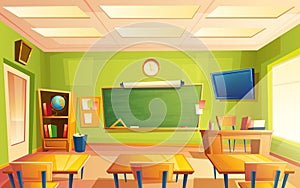 Vector school classroom interior, training room. University, educational concept, blackboard, table college furniture