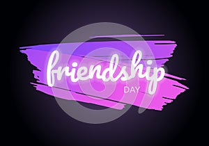 Vector school gradient brush stroke friendship day banner. Glowing light text violet to pink brushstroke isolated on black