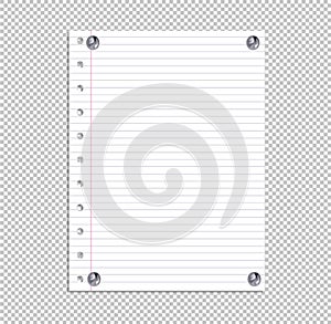 Vector School Notebook Page, Lined Paper Sheet Attached by Realistic Metallic Pin Buttons, Design Element.