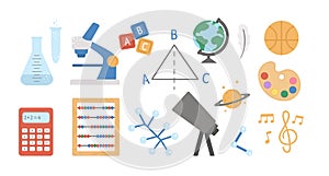 Vector school subject icons. Classroom signs collection. Back to school educational clipart. Math, literature, chemistry,