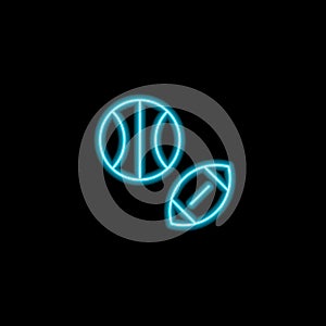 Vector school theme neon blue icons. Sport education concept glowing ball pictogram for rugby, football, volleyball, basketball