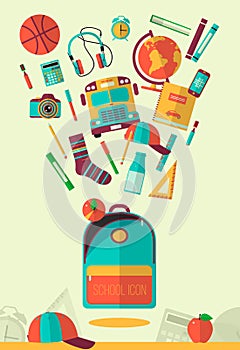 Vector school workspace illustration. Education and school icons set. Flat style, long shadows. High school object, college
