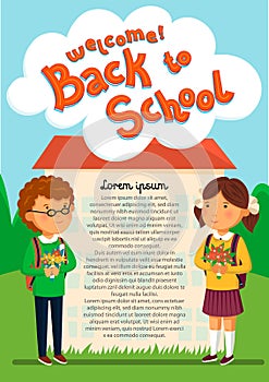 Vector Schoolboy and schoolgirl with welcome text template. Welcome to school banner. Happy Boy and girl with backpacks