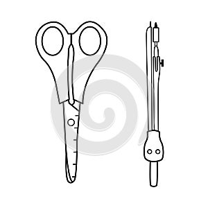 Vector scissors and circle compass. Set of school supplies. Minimalist office tools line art. Hand drawn stationary