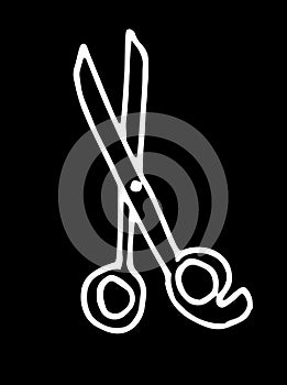 Vector scissors. hand-drawn doodle-style hairdressing scissors with an isolated outline of white on black for a design template.