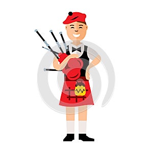 Vector Scottish bagpiper. Flat style colorful Cartoon illustration.