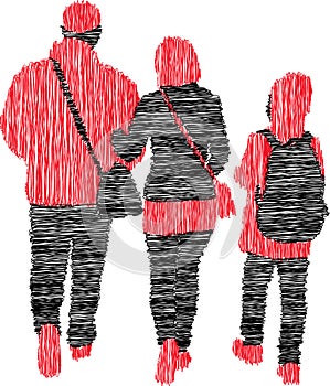 Vector scribble drawing of silhouettes family citizens walking outdoors