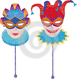 Vector scribble drawings of male and female carnival venetian masks