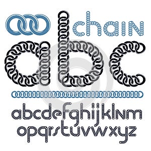 Vector script, modern alphabet letters, abc set. Lower case decorative font created using chrome chain.