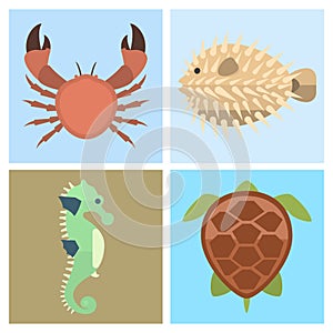 Vector sea animals creatures characters cartoon ocean underwater aquarium life water graphic aquatic tropical beasts