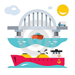 Vector Sea bridge and shipping. Flat style colorful Cartoon illustration.