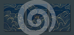Vector sea chinese, japanese patterns set, wave design background, line modern graphic. Geometric style ocean gold