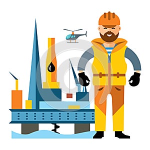 Vector Sea Oil Rig Drilling Platform and oilman. Flat style colorful Cartoon illustration.