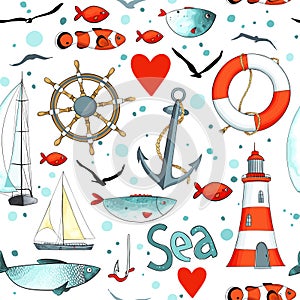 Vector sea pattern with nautical elements.