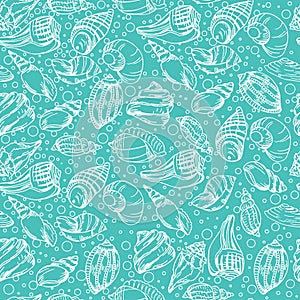 Vector sea pattern. Summer background with shell elements. Repeating print background texture.