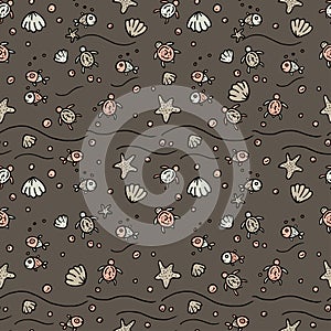 Vector sea seamless pattern with handdrawn starfishes, fishes, shells, sea turtles.