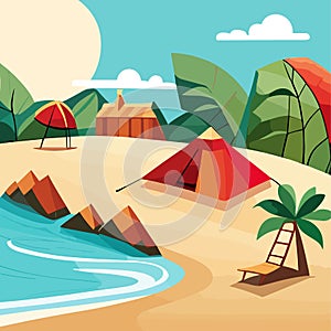 Vector sea water, island, ground, sun, sunshine, dawn, coconut tree illustration drawing