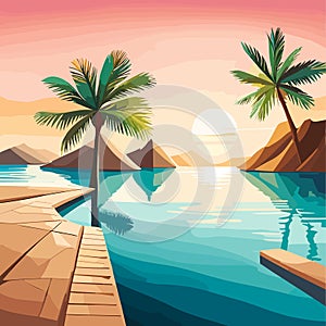Vector sea water, mountain, ground, sun, sunshine, dawn, coconut tree illustration