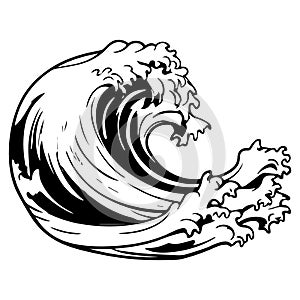 Vector sea wave. Illustration of black and white ocean waves with foam. Isolated splash of water, made in cartoon style