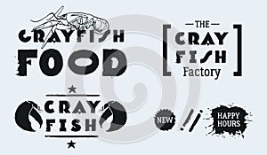 Vector seafood labels: hand drawn illustrations, ink lettering. CRAYFISH FOOD with lobster. The CRAYFISH Factory.