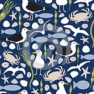 Vector Seagulls, Sea Shells, Fish, Seaweed, Crabs in Blue Green, Brown and White Seamless Repeat Pattern