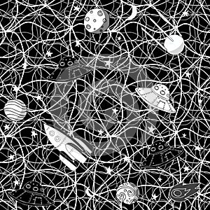 Vector seamless abstract black and white background with doodles, lines, bends, rockets and planets. Space and 60s