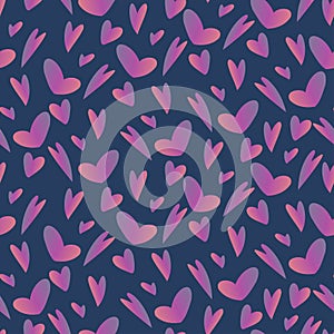 Vector seamless abstract design pattern with cute ornamental hearts in pastel purple on dark background