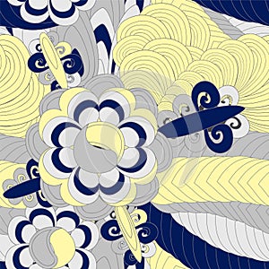 Vector seamless abstract doodle flower and wave pattern