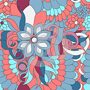 Vector seamless abstract doodle flower and wave pattern