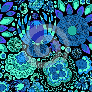 Vector seamless abstract doodle flower and wave pattern