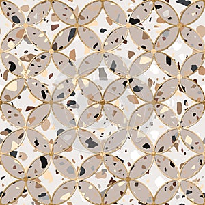 Vector seamless abstract geometric pattern with gold, gray and brown terrazzo circles. Luxury metallic and stone texture