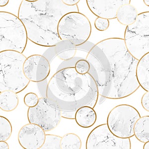 Seamless abstract geometric stone pattern with gold lines and gray marble circles on white background